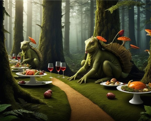 Anthropomorphic Reptiles Dining in a Mystical Forest