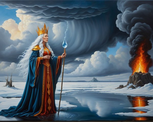 Regal Figure in Blue Gown Amidst Frozen Landscape