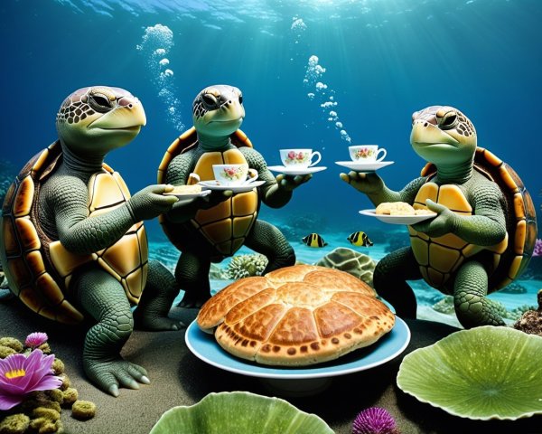 Underwater Tea Party with Animated Turtles and Pastry