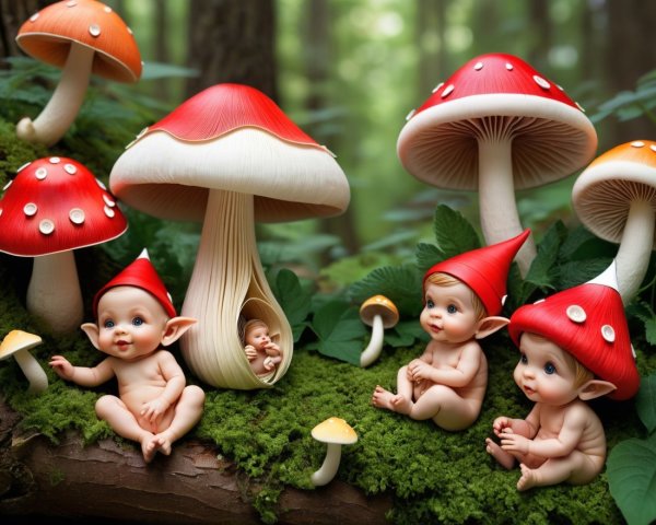 Whimsical Forest Scene with Baby Creatures and Mushrooms