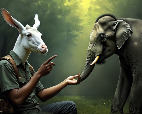 Whimsical Forest Scene with Goat-Headed Man and Elephant