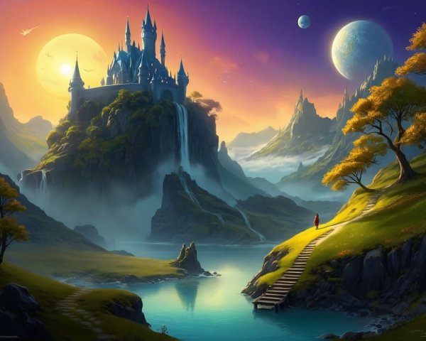 Majestic castle at sunset with river and greenery