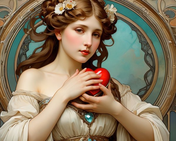 Young woman in white gown holding red heart with flowers
