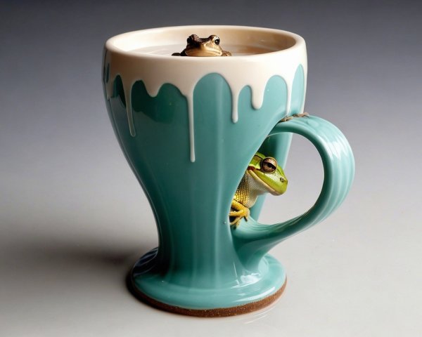 Whimsical Scene of Frogs in a Turquoise Mug