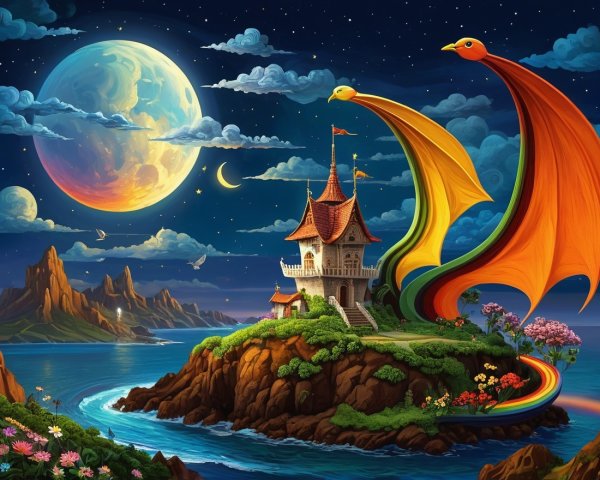 Whimsical Castle on Island with Colorful Dragons