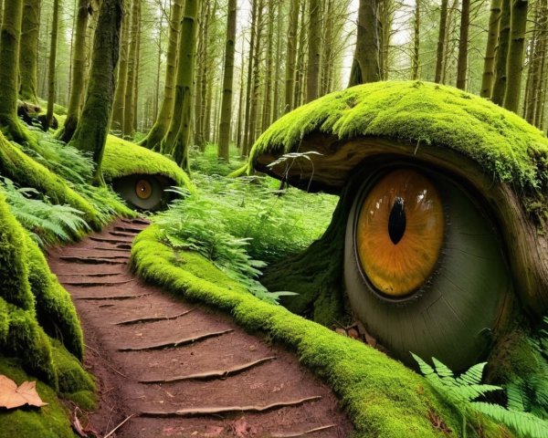 Whimsical Forest Scene with Lush Pathway and Eyes