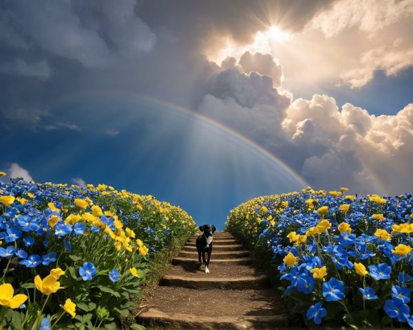 Serene Landscape with Stairs, Flowers, and Rainbow