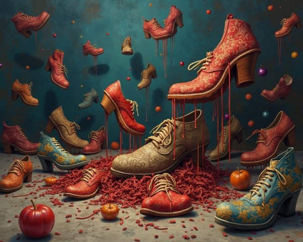 Ornate Shoes in Whimsical Scene with Colorful Elements