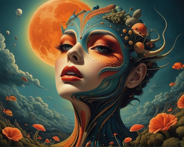 Striking Woman with Colorful Face Design and Moon