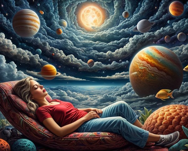 Woman Reclining on Cosmic Cloud with Planets and Stars