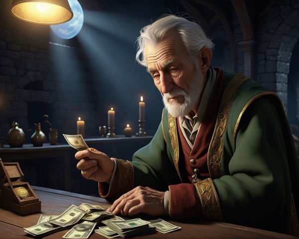 Elderly Man Examines Dollar Bill in Dim Chamber
