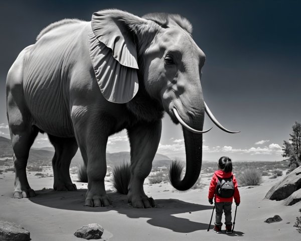 Child in Red Jacket Stands Before Large Elephant