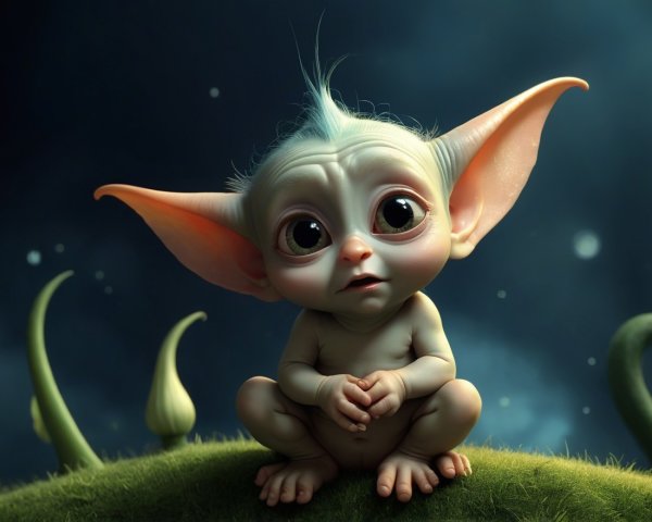 Whimsical Creature on Grassy Mound in Dreamy Setting