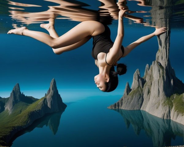 Surreal Scene of Woman Upside Down Over Water