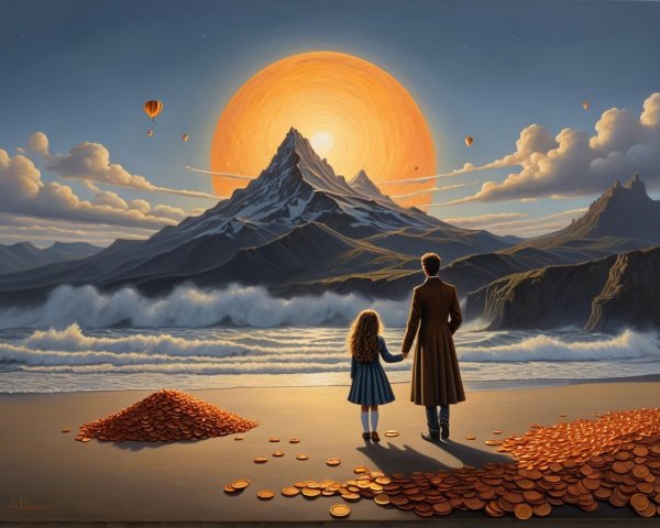 Beach Scene with Sunset, Mountains, and Balloons