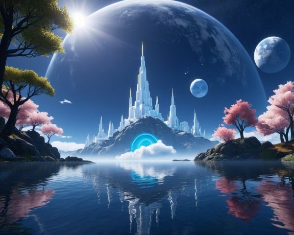 Crystal Castle in Lush Landscape with Distant Planets