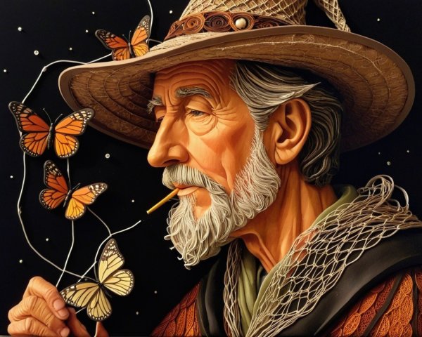 Elderly Man with Butterflies in Artistic Scene