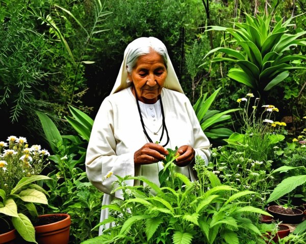Elderly Woman in White Garment Tending Vibrant Garden