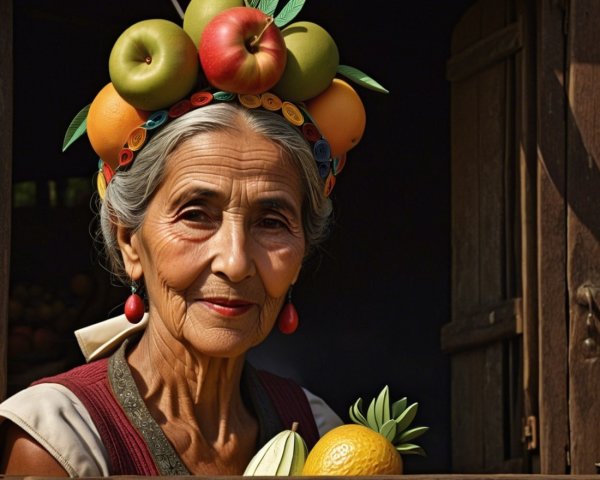 Elderly Woman with Fruit Crown at Rustic Window