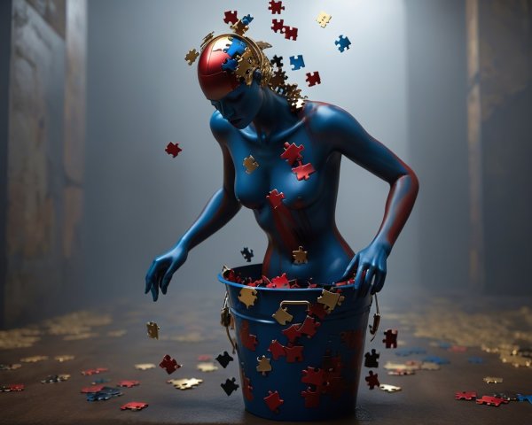 Blue-Skinned Female Figure in Colorful Puzzle Scene