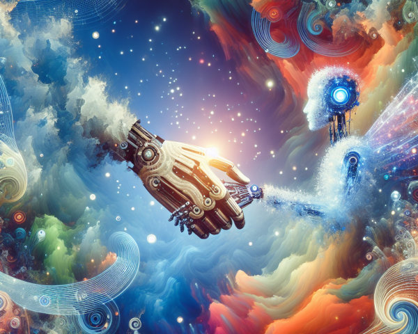 Cosmic Scene of Robotic Hand and Human Silhouette