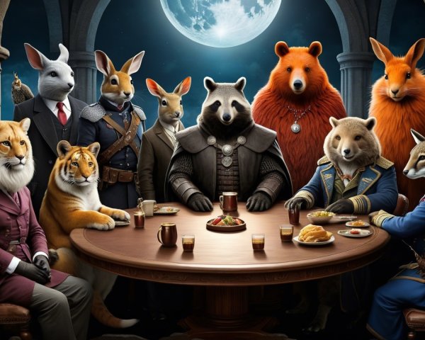 Anthropomorphic animals at a grand dinner table scene