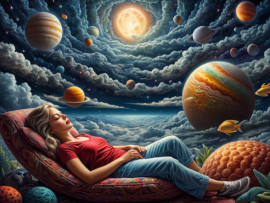 Woman Reclining on Cosmic Cloud with Planets and Stars