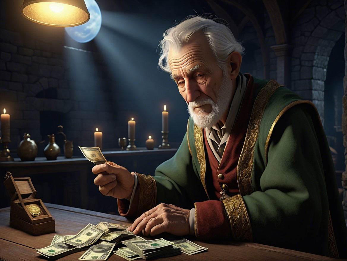 Elderly Man Examines Dollar Bill in Dim Chamber