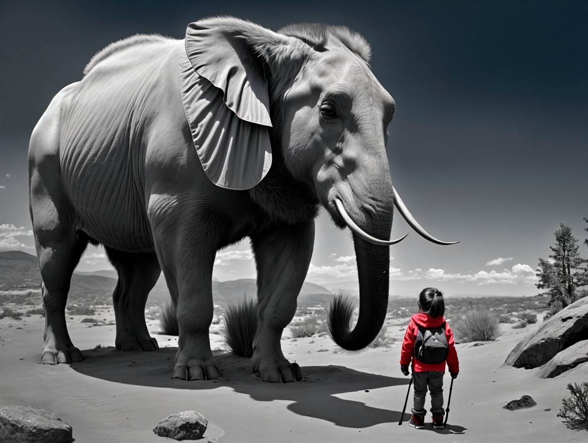 Child in Red Jacket Stands Before Large Elephant