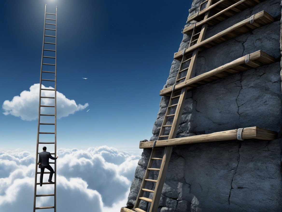 Man in Suit Climbing Ladder Toward Bright Light
