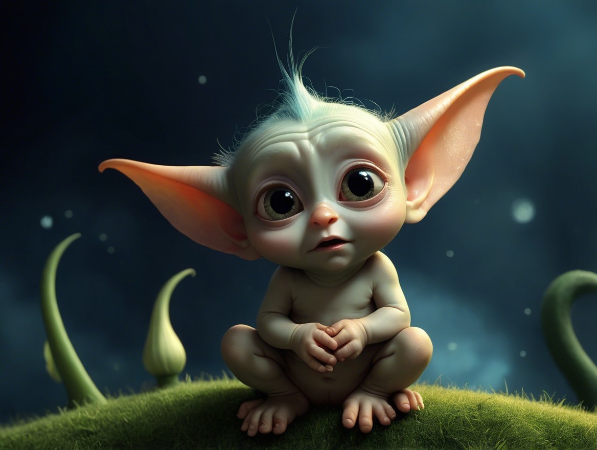 Whimsical Creature on Grassy Mound in Dreamy Setting