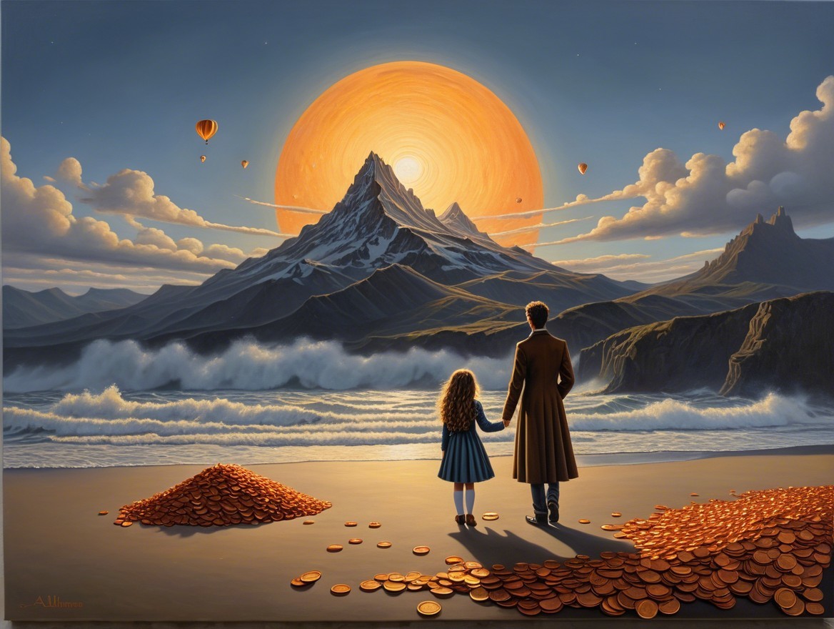 Beach Scene with Sunset, Mountains, and Balloons