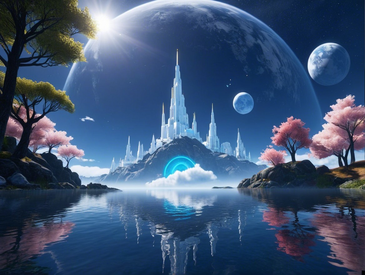 Crystal Castle in Lush Landscape with Distant Planets
