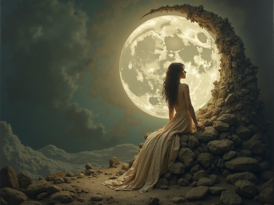 Young Woman in Gown Under a Luminous Moon