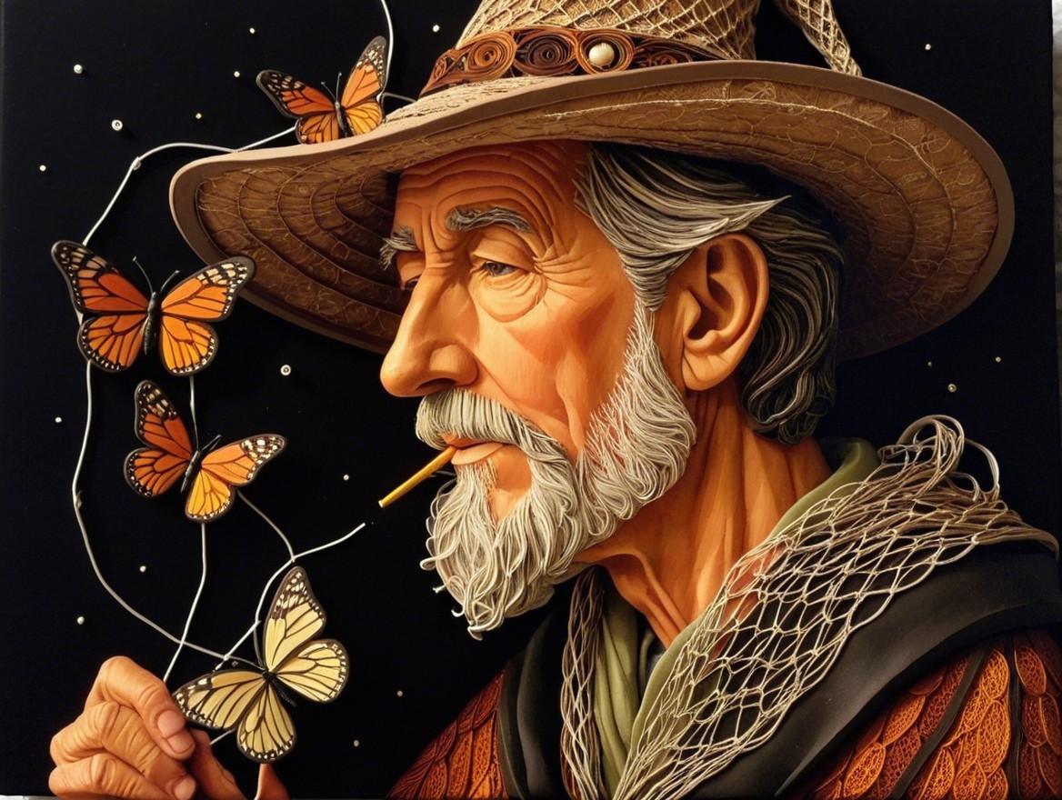 Elderly Man with Butterflies in Artistic Scene