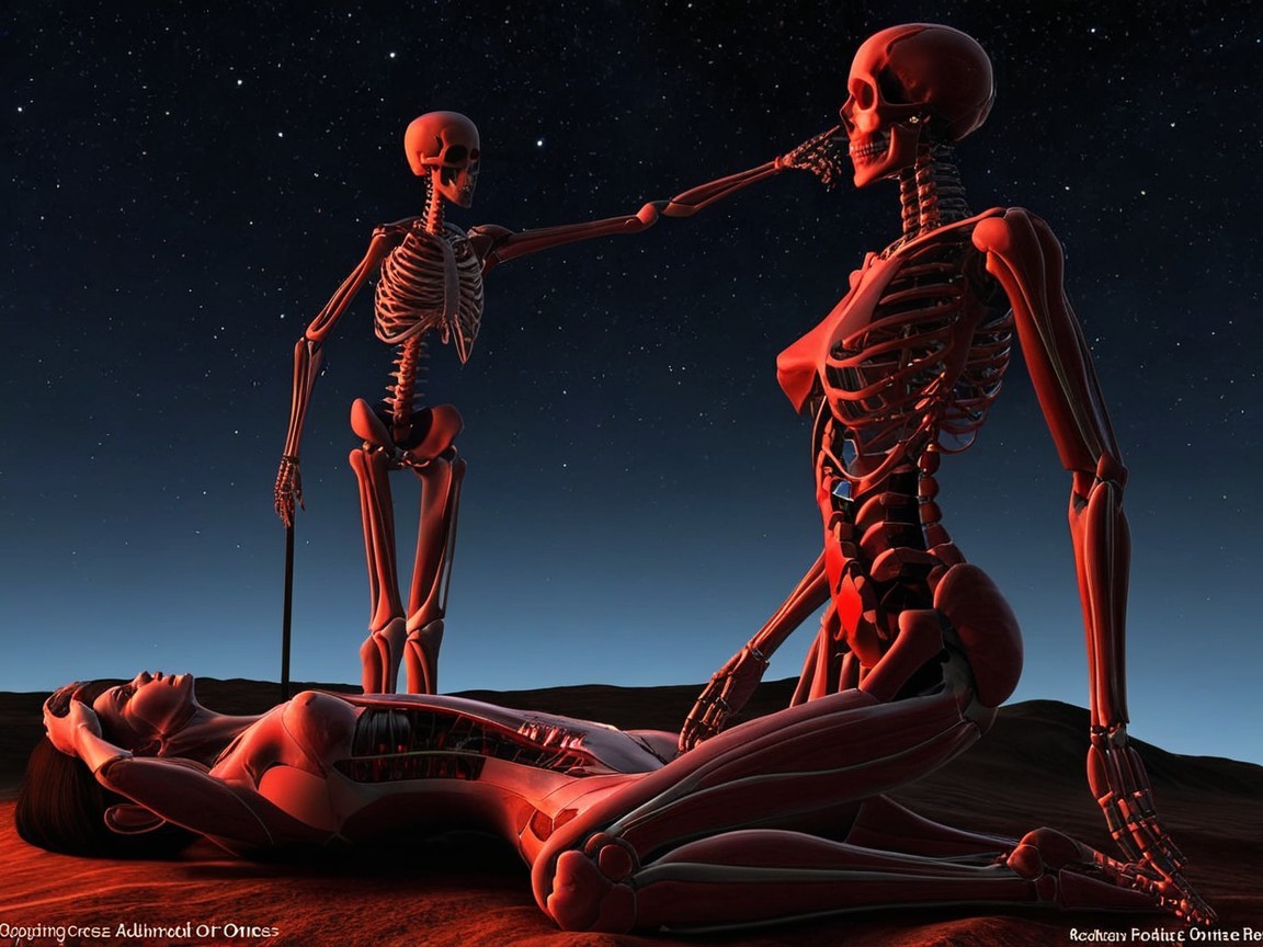Skeletal Figures Under Starry Night Sky with Moonlight