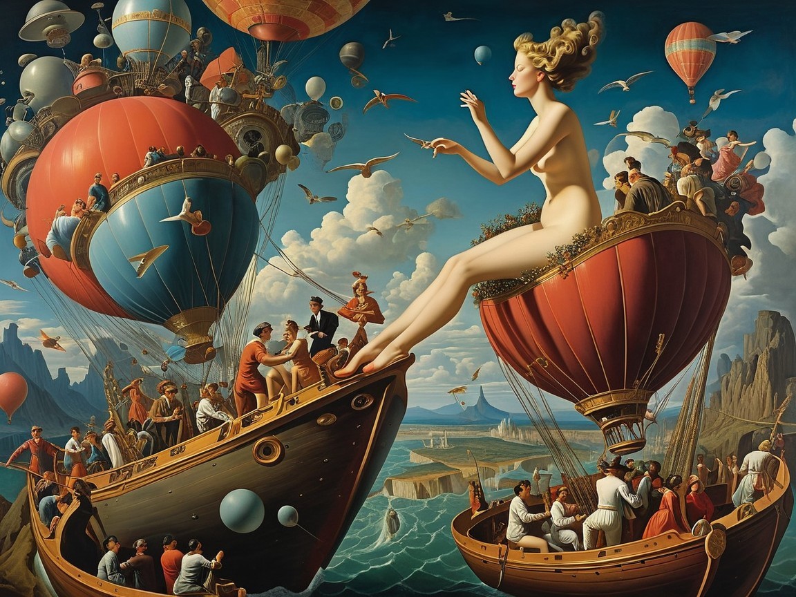 Whimsical Scene of a Nude Woman on a Hot Air Balloon