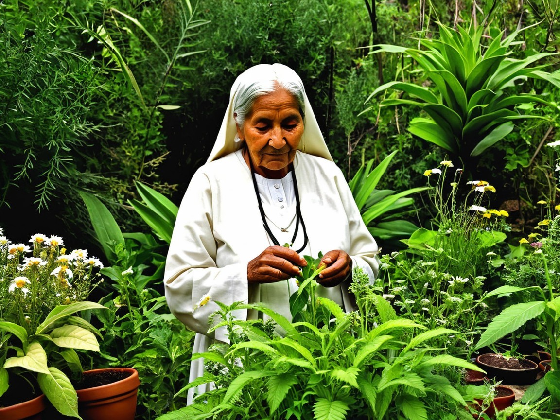 Elderly Woman in White Garment Tending Vibrant Garden