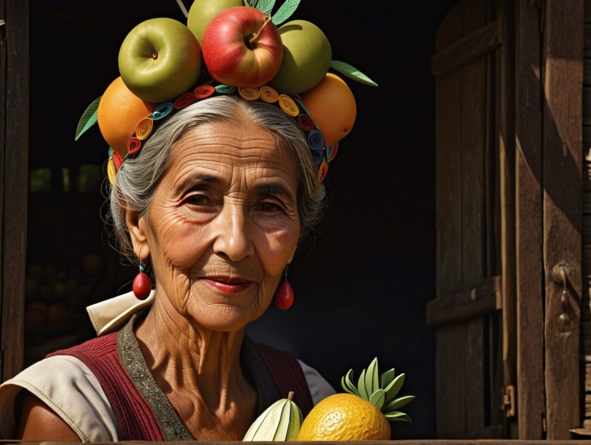 Elderly Woman with Fruit Crown at Rustic Window
