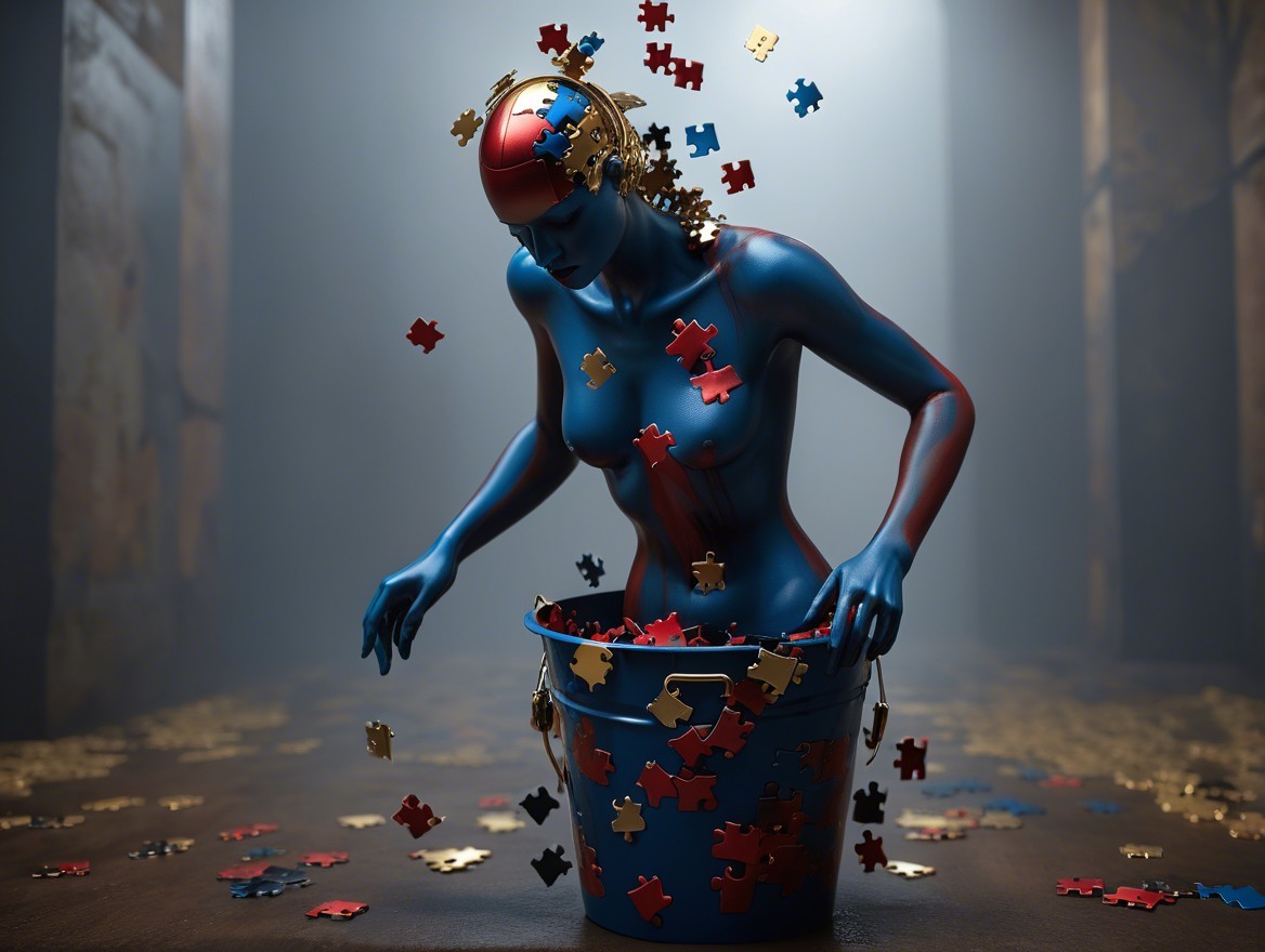 Blue-Skinned Female Figure in Colorful Puzzle Scene
