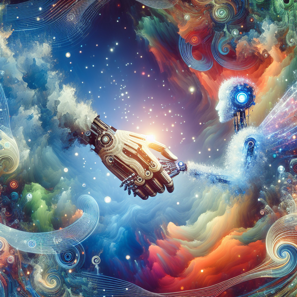 Cosmic Scene of Robotic Hand and Human Silhouette