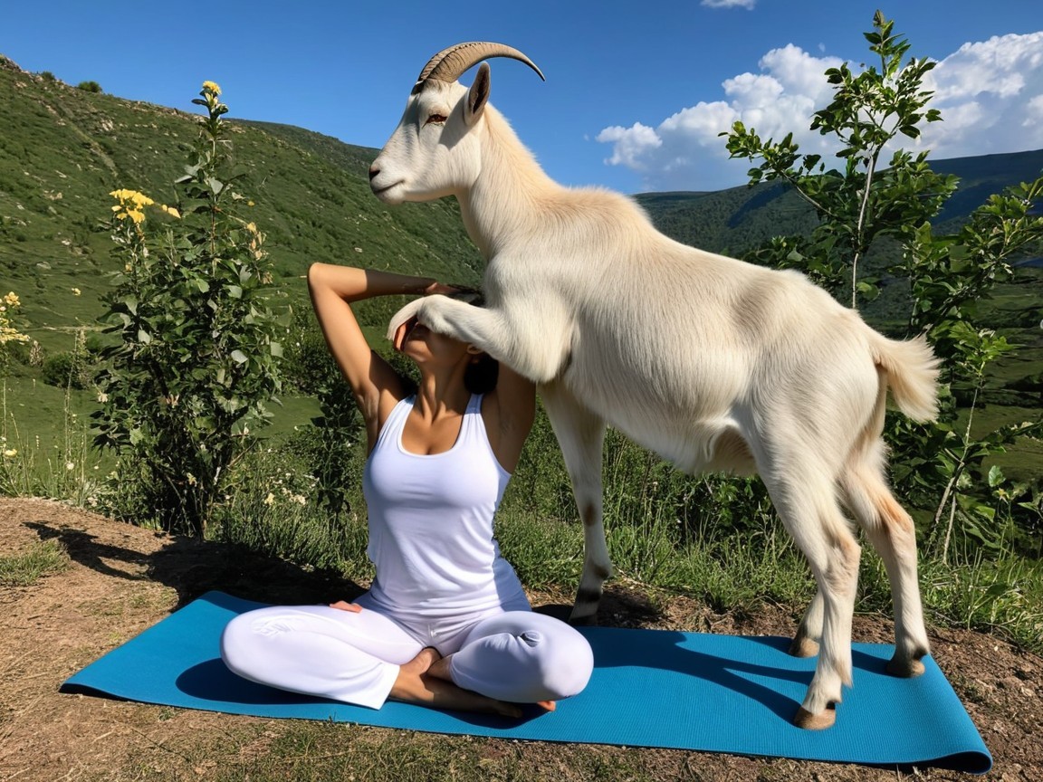 Woman in white practicing yoga outdoors with goat