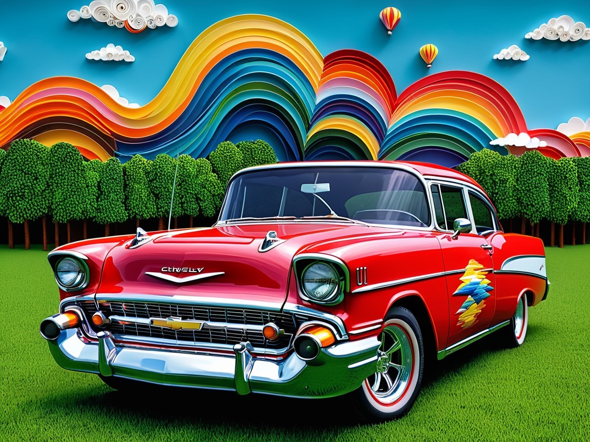 Vibrant Red Vintage Car in Colorful Scenic Field