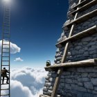 Man in Suit Climbing Ladder Toward Bright Light