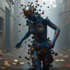 Blue-Skinned Female Figure in Colorful Puzzle Scene