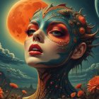 Striking Woman with Colorful Face Design and Moon