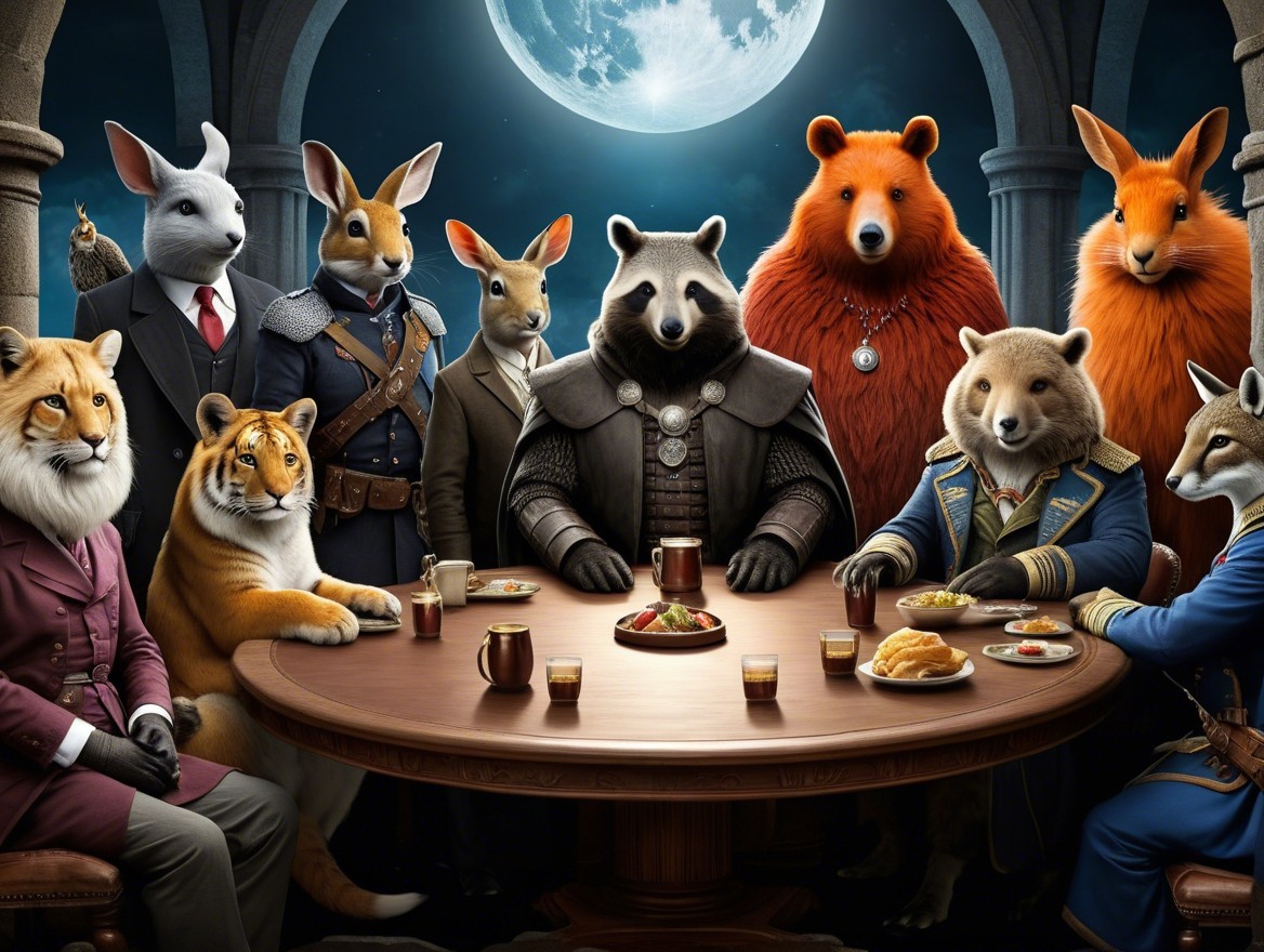 Anthropomorphic animals at a grand dinner table scene