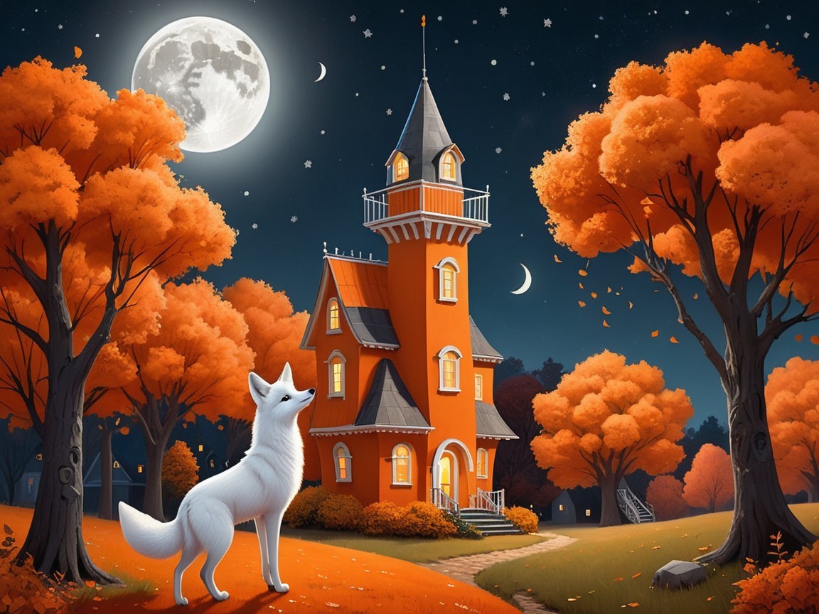 Whimsical Night Scene with Tower House and Fox