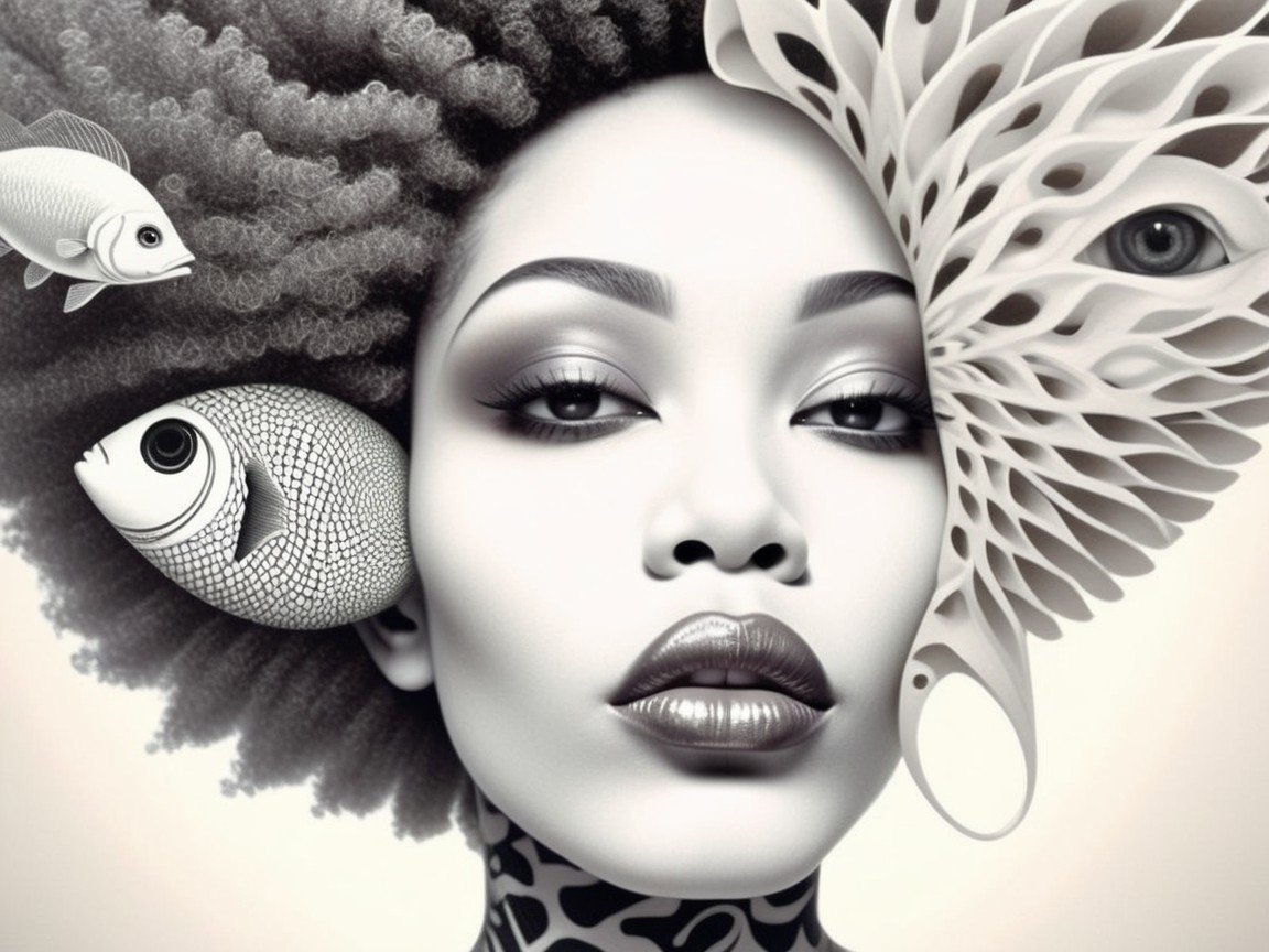 Monochromatic Portrait of Woman with Afro and Patterns