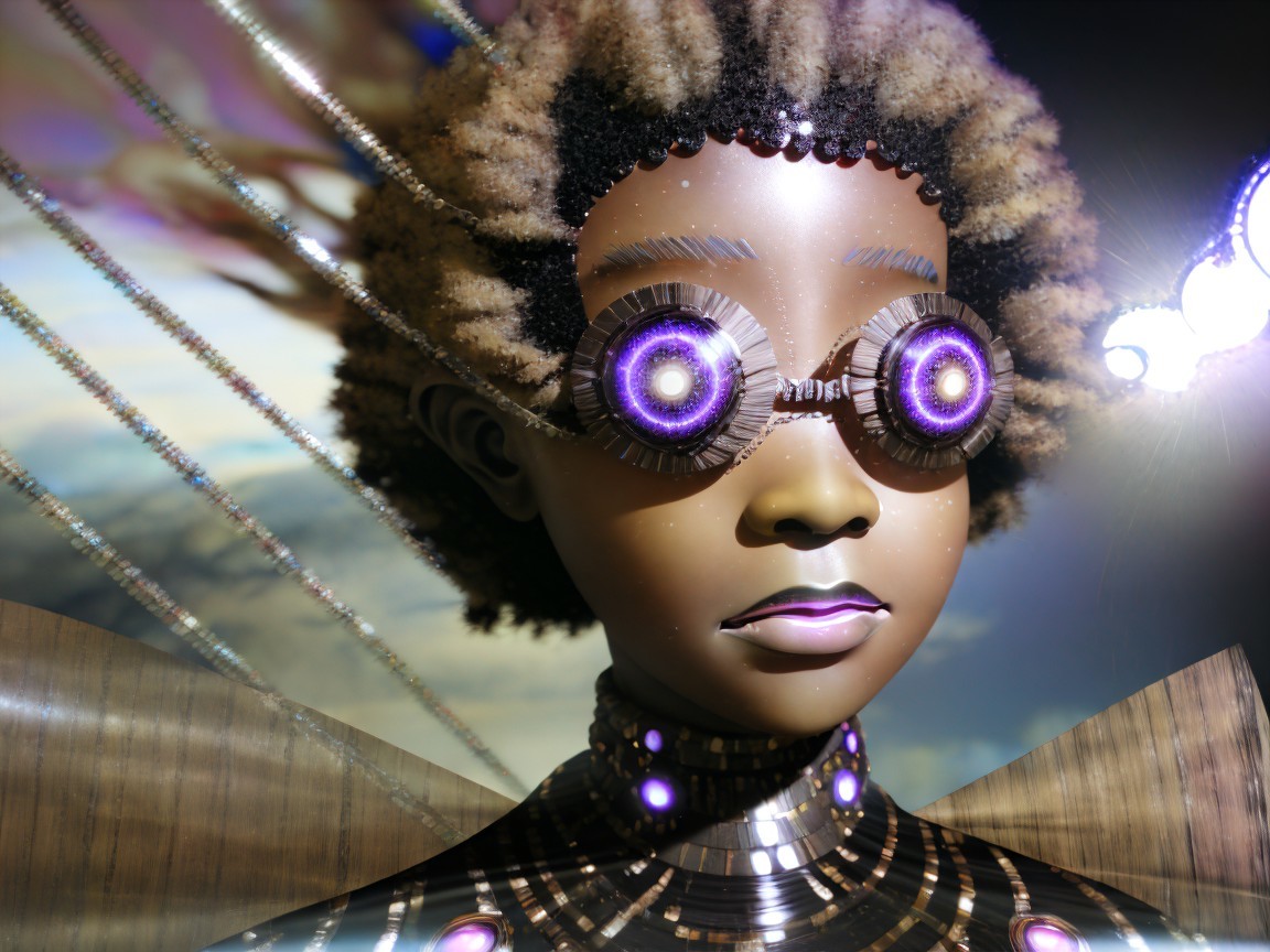 Futuristic humanoid figure with glowing goggles and curls